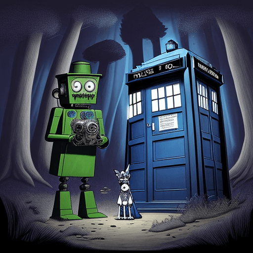 AI generated: A drawing in the style of Tim Burton 
that shows a picture of the TARDIS from Doctor Who in a haunte...