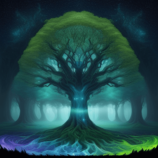 AI generated: bright painting of a tree with stars in the sky, in the style of dreamlike fantasy creatures, multil...