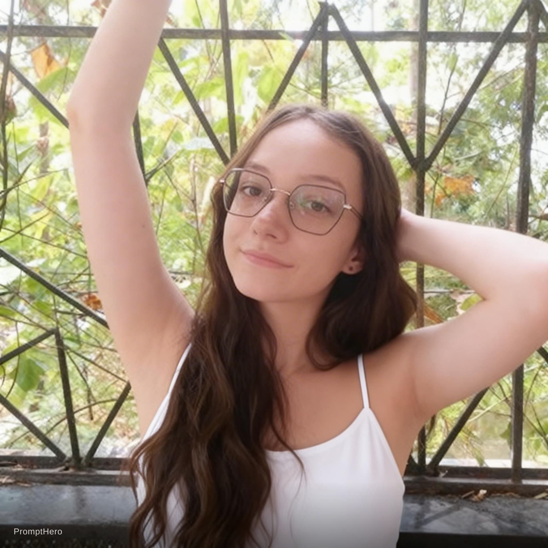 AI generated: make her wear a white tank top with thin arm straps, both arms behind her head