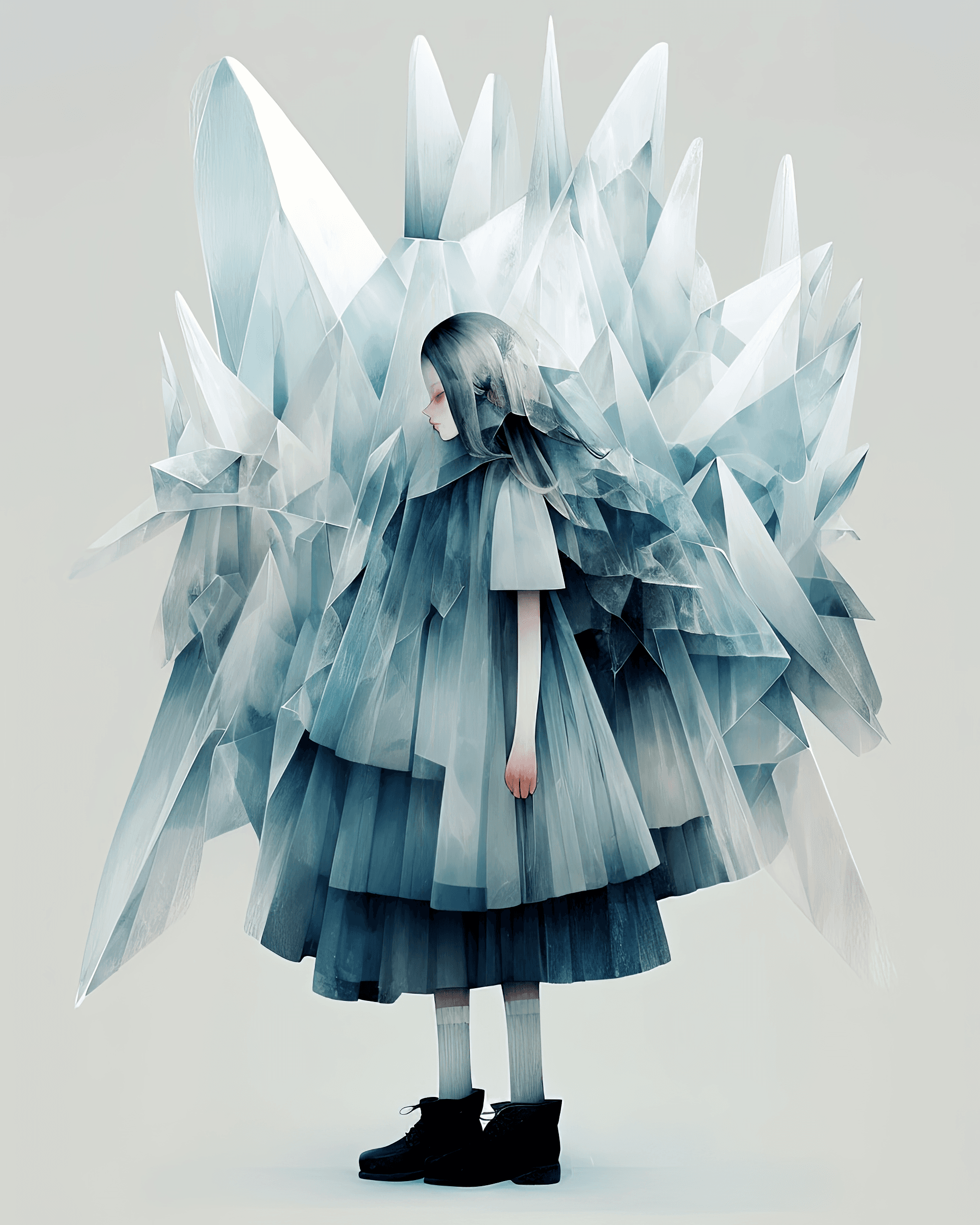 AI generated: an unusual woman in a dress with frila, in the style of fluid, glass-like sculptures, iris van herpe...