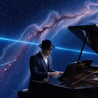 AI generated video: Against the backdrop of a vast and mysterious cosmic sky, a pianist in a dark suit and hat is engros...