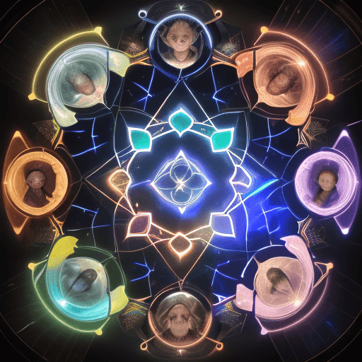 AI generated: A group of diverse individuals exchanging knowledge through glowing books, scrolls, and holograms. V...