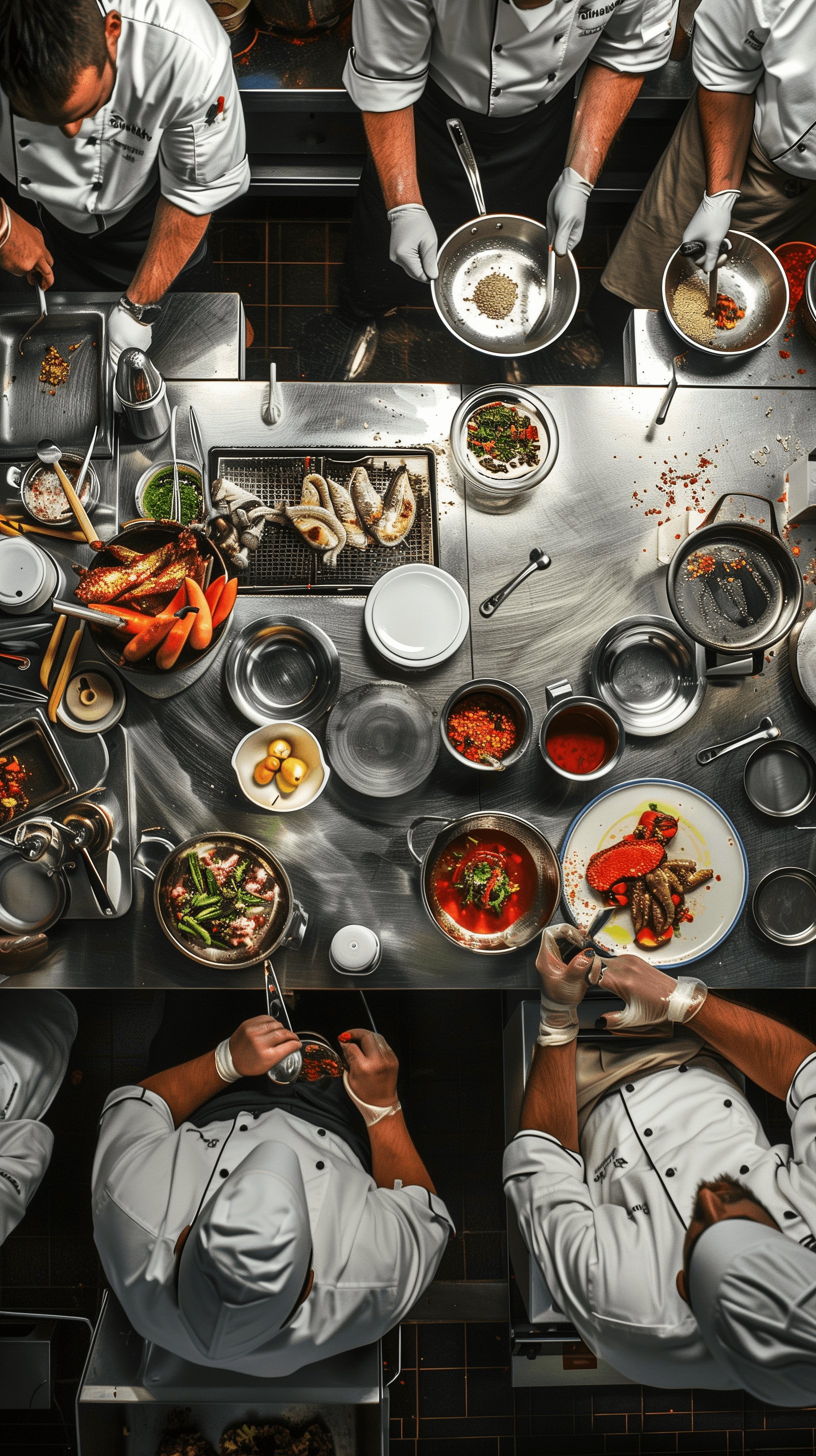AI generated: top view photograph, chef’s table inside a bustling high-end restaurant kitchen, the table is set wi...
