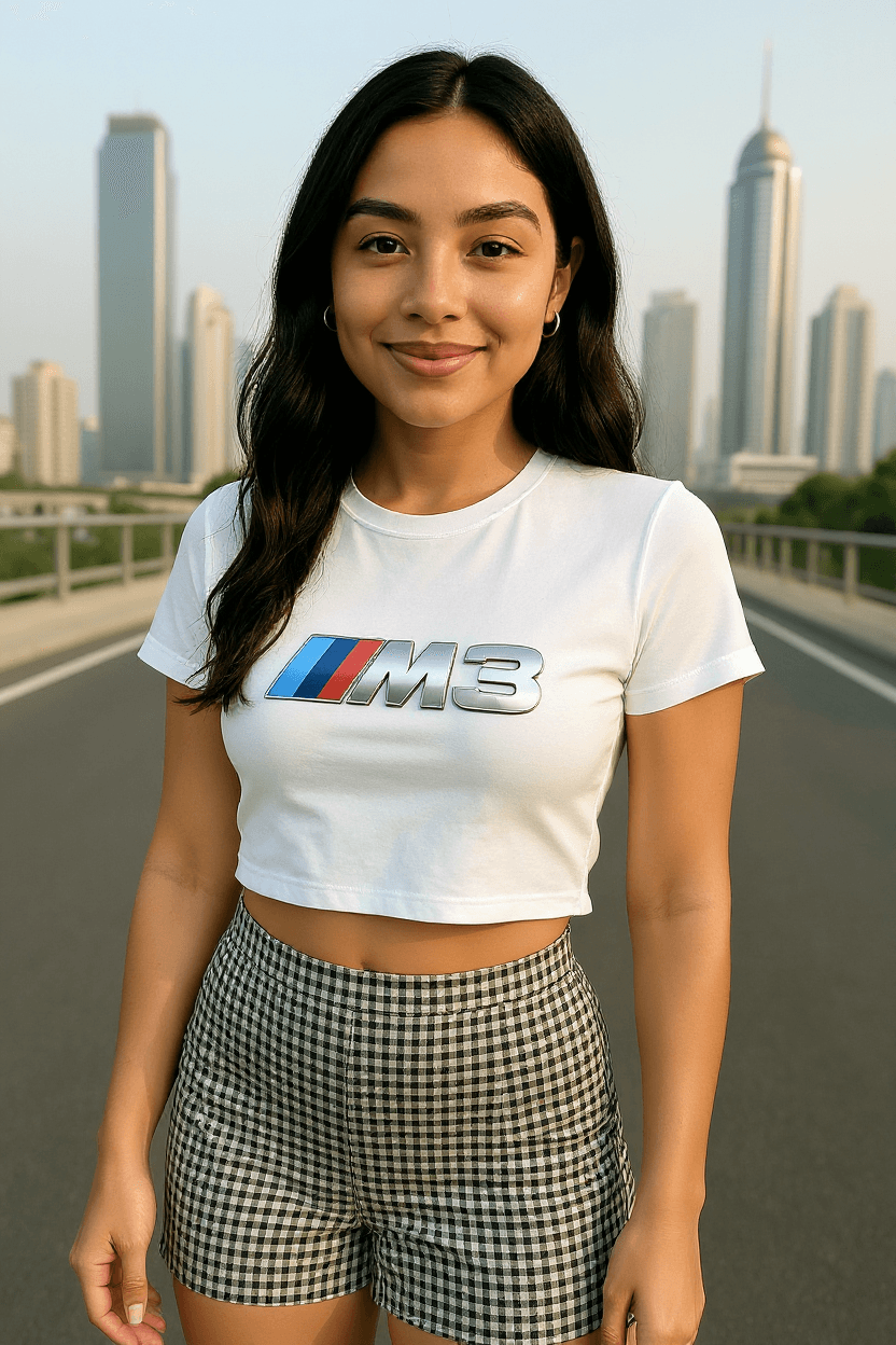 AI generated: BMW M3 car model croptop, checkered miniskirt, Dubai