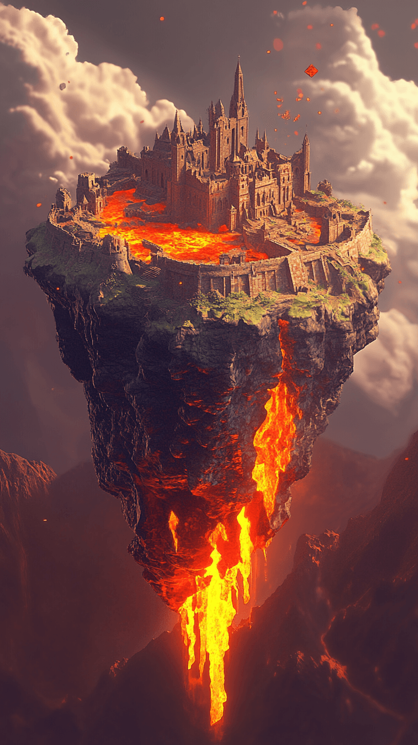 AI generated: 3d isometric rendering of a [floating cone-shaped volcanic island], lava flowing down its sides, med...