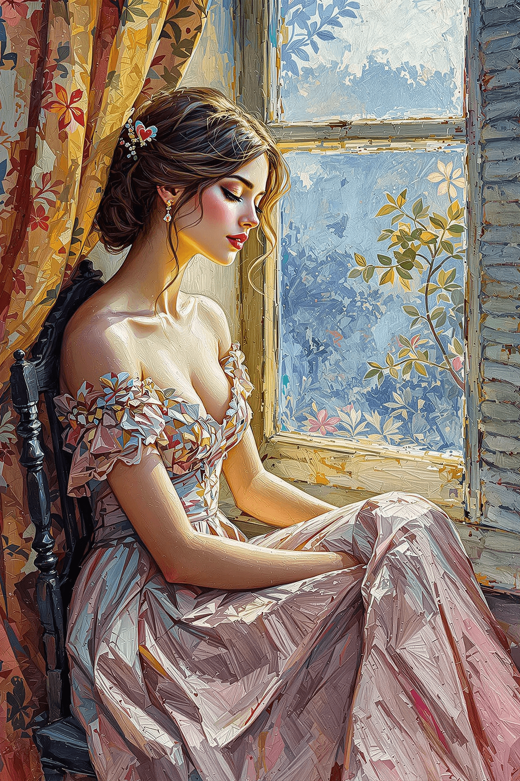 AI generated: a painting of a woman sitting near a window, in the style of beautiful women, playfully intricate, h...