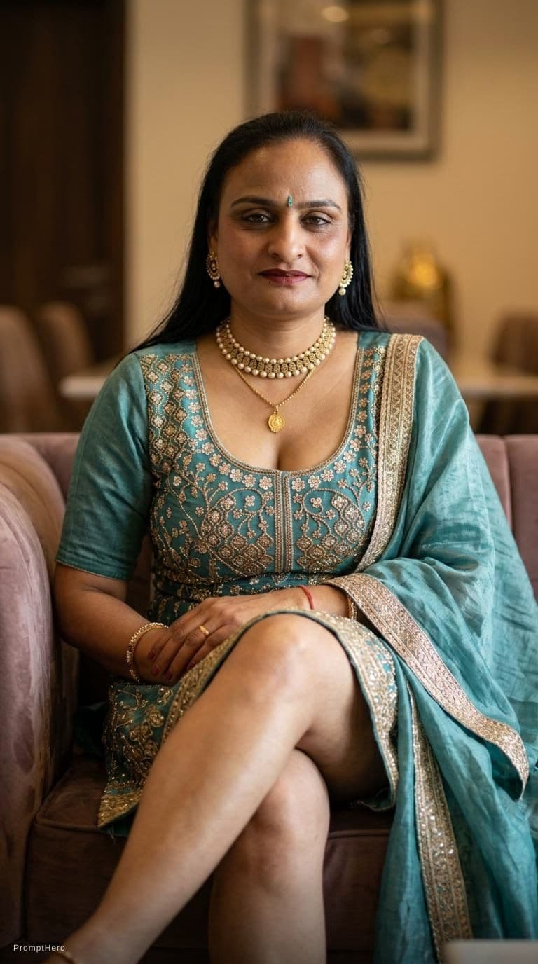 AI generated: Sitting on a couch with legs crossed teasing, same uploaded hairstyle, wearing same décolleté saree ...