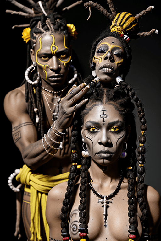 AI generated: A male and a female voodoo priests, performing voodoo ritual,  full body, dark complexion, voodoo sy...