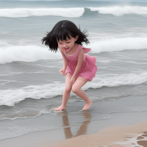 AI generated: A cute  little girl is enjoying on a beach with pounding seawaves that touches her feet 