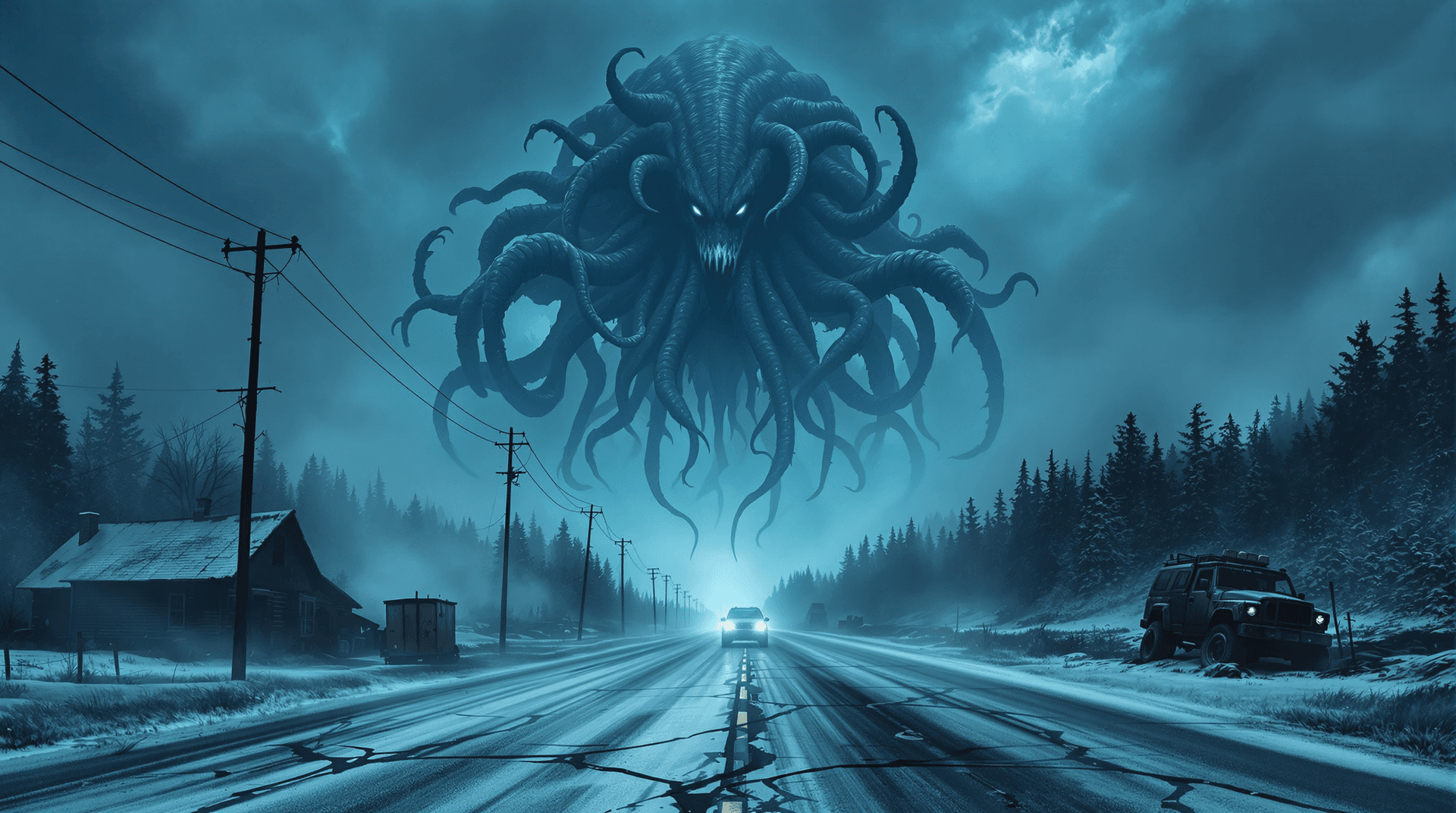 AI generated: A colossal eldritch creature towers ominously over a desolate small town, its massive limbs and coun...