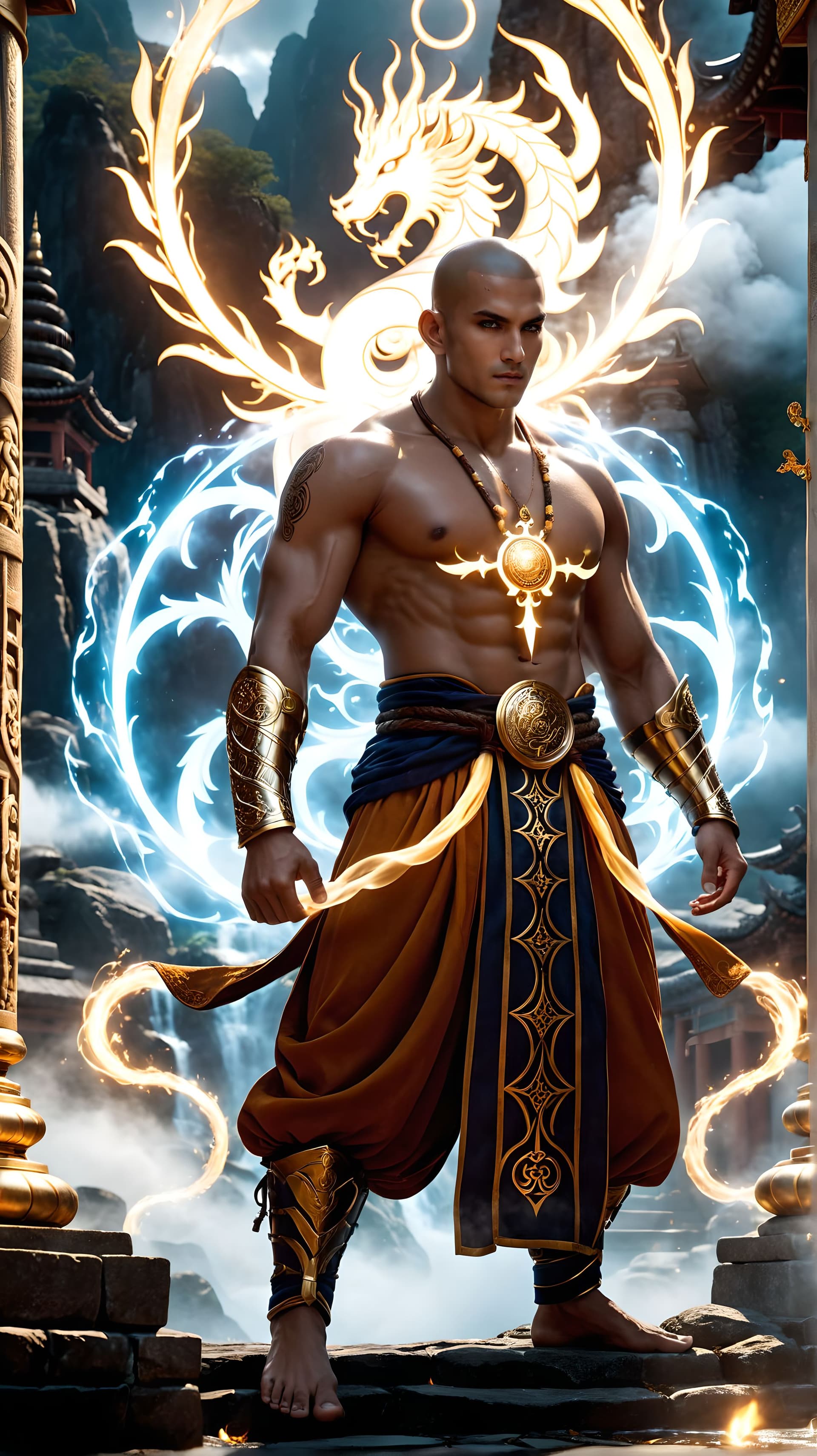 AI generated: A warrior Monk, body sculpted through years of discipline, meditates atop an ancient temple overlook...