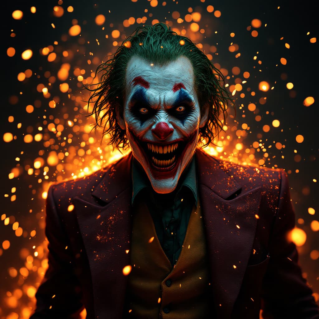 AI generated: Joker risen from the ashes, seen full height, standing amidst sparks, 8k, hd, contour lighting, high...