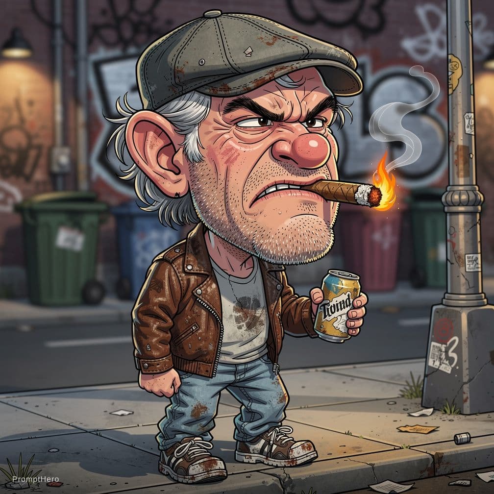 AI generated: Funny caricature, grumpy old male, 65 years old, scruffy, streetwise, annoyed, small man with an ove...
