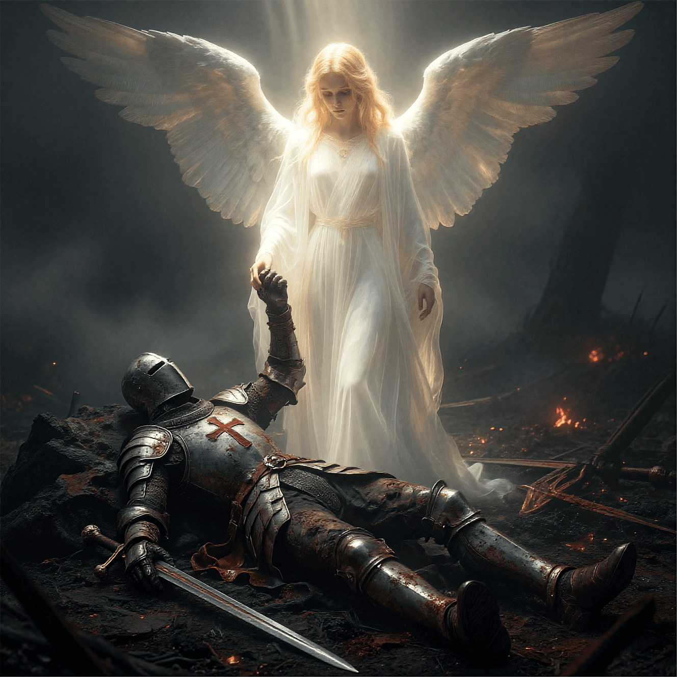 AI generated: A somber, sacred scene on a scorched dark battlefield, quiet after the fighting: a fallen paladin in...