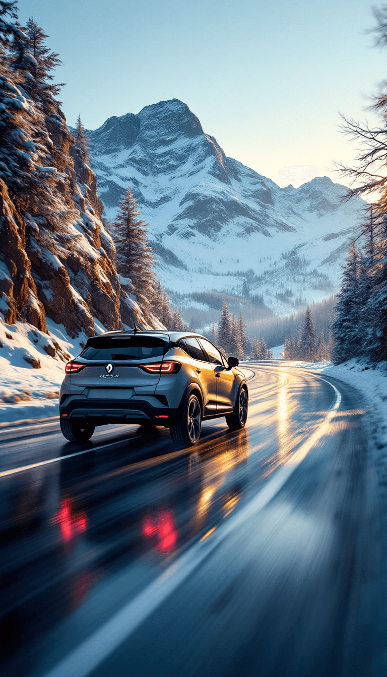 AI generated: Side shot of renault captur driving on a road next to montain, winter day, light reflection on car, ...