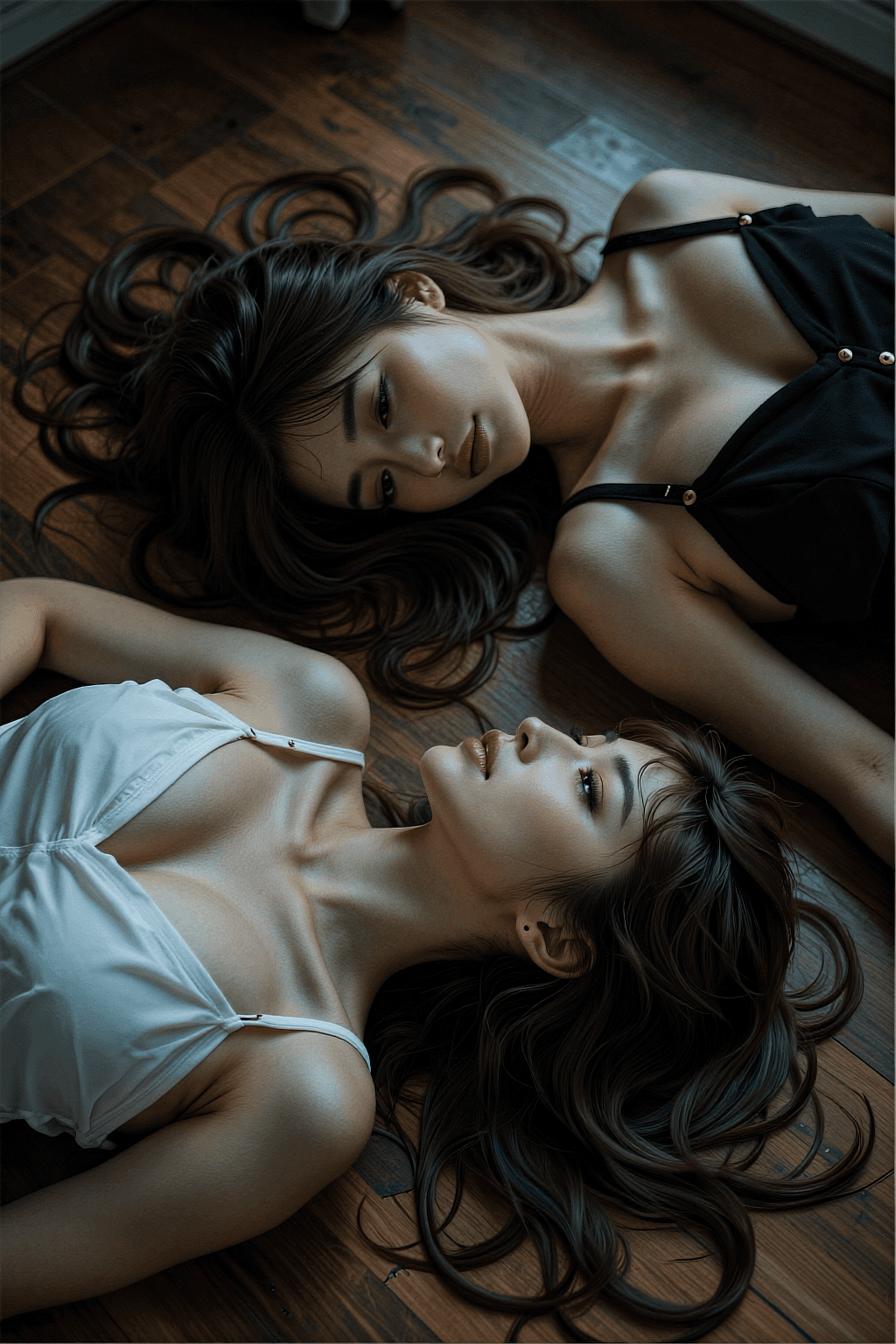 AI generated: A cinematic top-down photorealistic shot of two beautiful young Asian women lying on a wooden floor ...