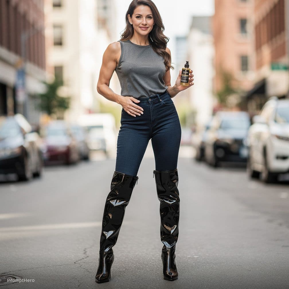 AI generated: A stunning 40-year-old woman in tight jeans and very long PVC thigh-high boots, such as the Pleaser ...