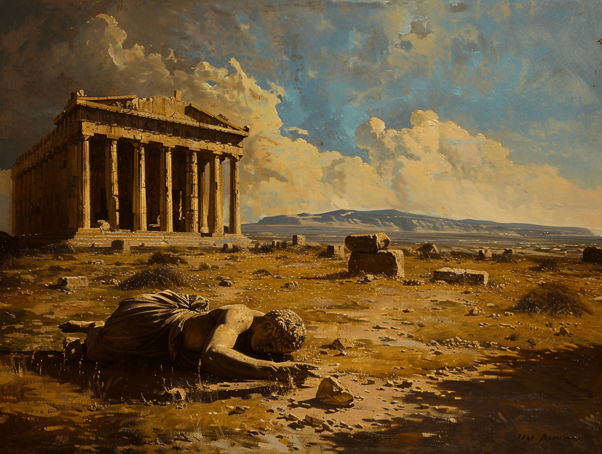 AI generated: Oil painting in the style of Jules Breton of fallen statues in front of an ancient Greek temple, on ...