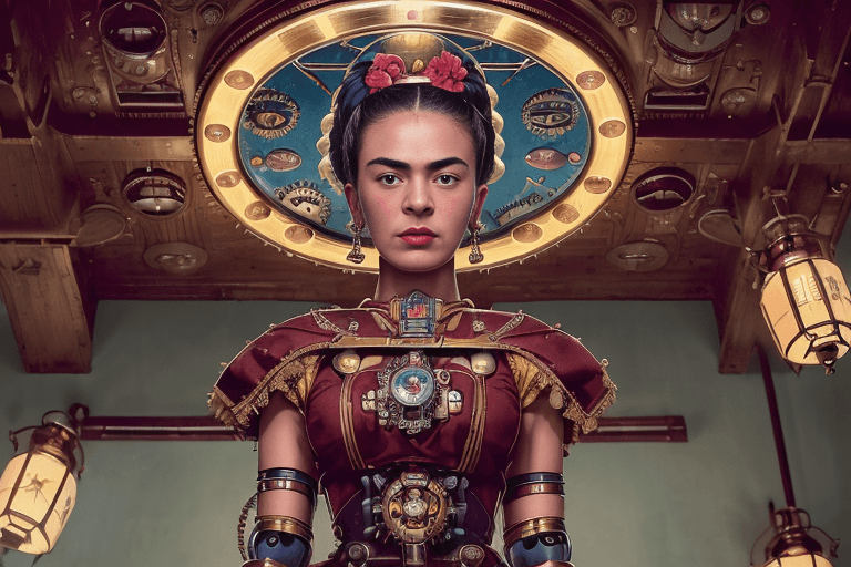 AI generated: RAW photo,((Best quality)), ((masterpiece)),(( by Frida Kahlo style),(( retro sci-Fi)),A beautiful a...
