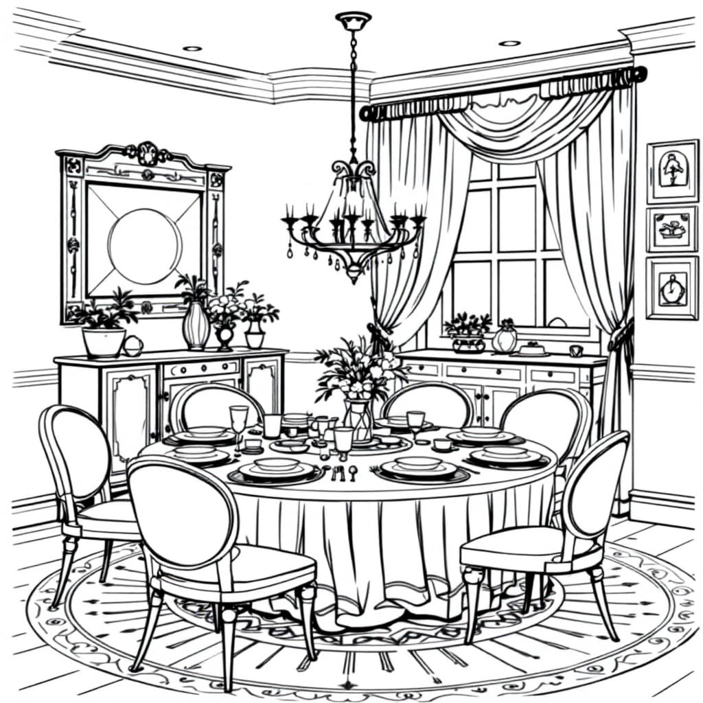 AI generated: Create a high-resolution black-and-white line drawing of a dining room with a round table. Include d...