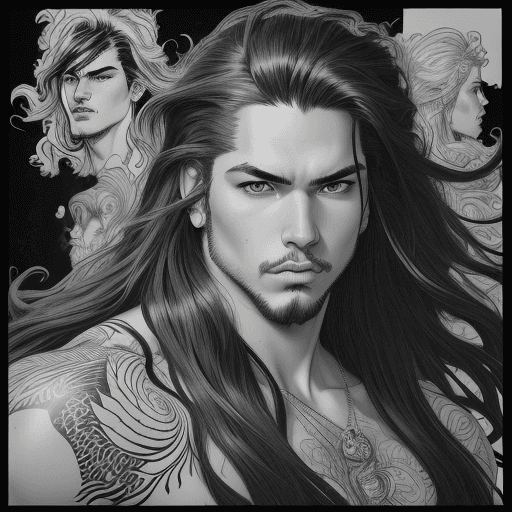 AI generated: black and white illustration in the form of a man with flowing hair, in the style of martine johanna...