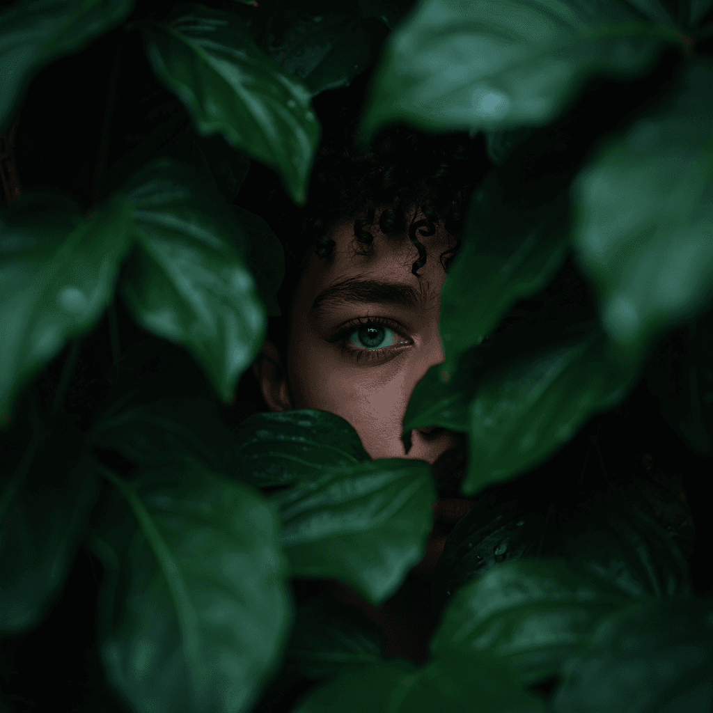 AI generated: Through the dense tangle of dark green leaves, a single eyepeers out from the shadows, intense and w...