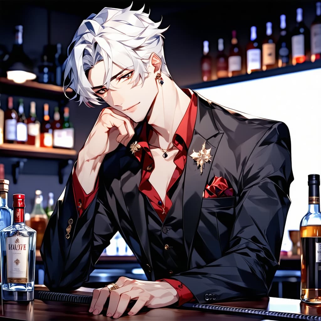 AI generated:  anime male bartender in a black suit with a red shirt, with korean hairstyle, ilya kuvshinov style,...