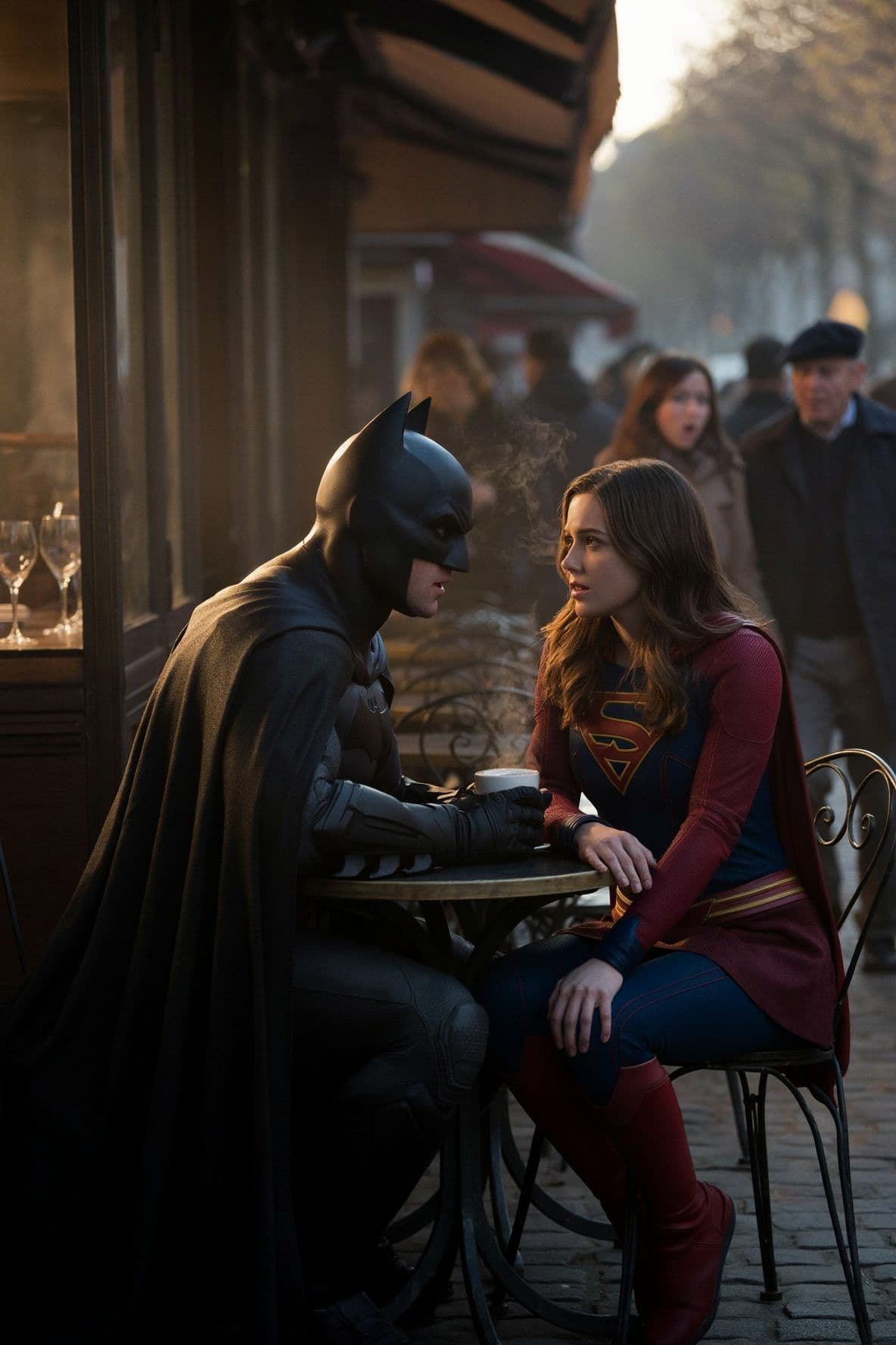 AI generated: Under a Parisian sky streaked with late afternoon gold, Batman and Supergirl sit at a table on a cob...