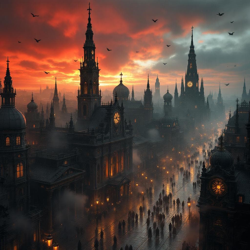 AI generated: Cinematic view of Saint Helion Prime, the capital of Artta — an 18th-century gothic megacity under a...