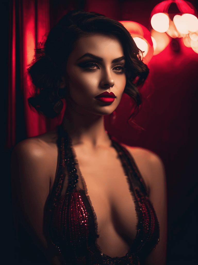AI generated:  a photo of a seductive lady at a club, cinematic, cabaret style, dark muted tones, black and dark r...
