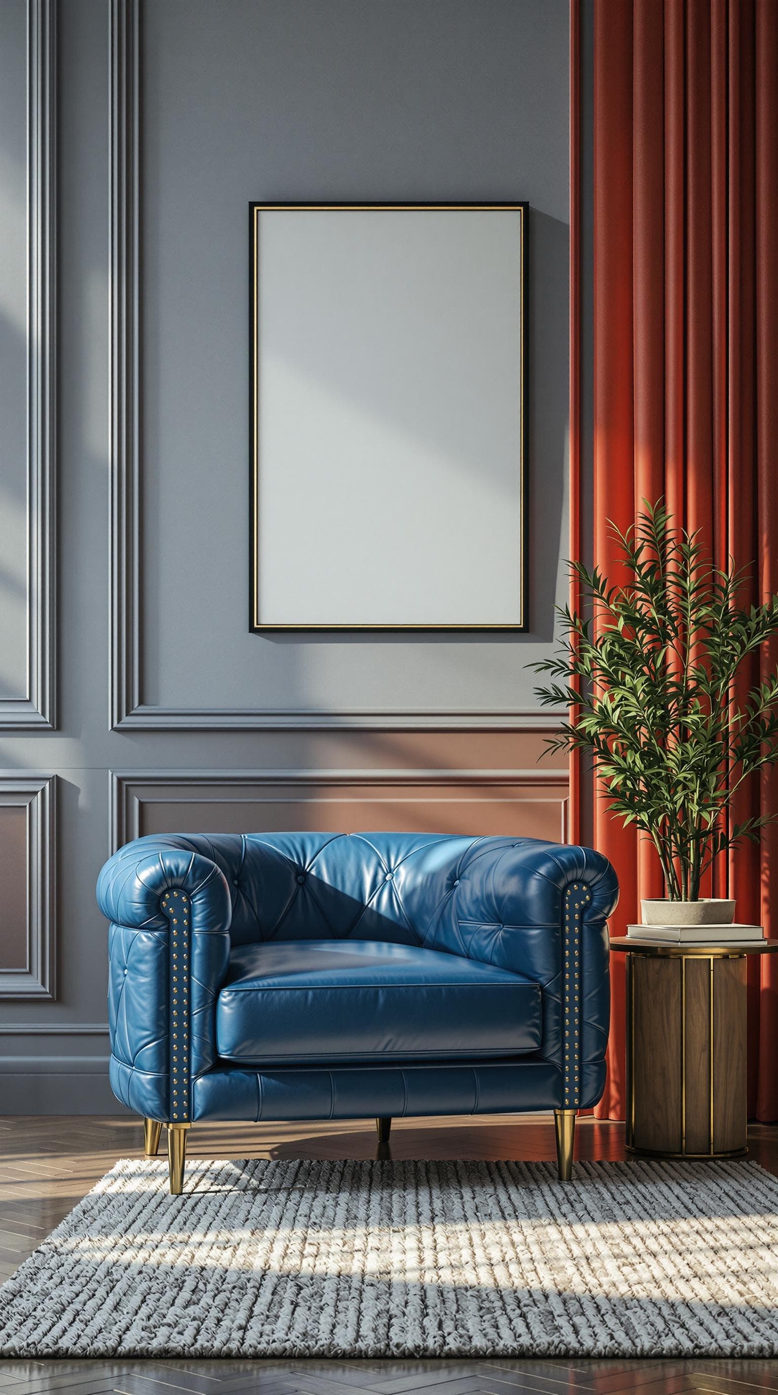 AI generated: pantone color deja vu blue, leather armchair, photorealistic rendering --ar 9:16 --raw --profile ue2...