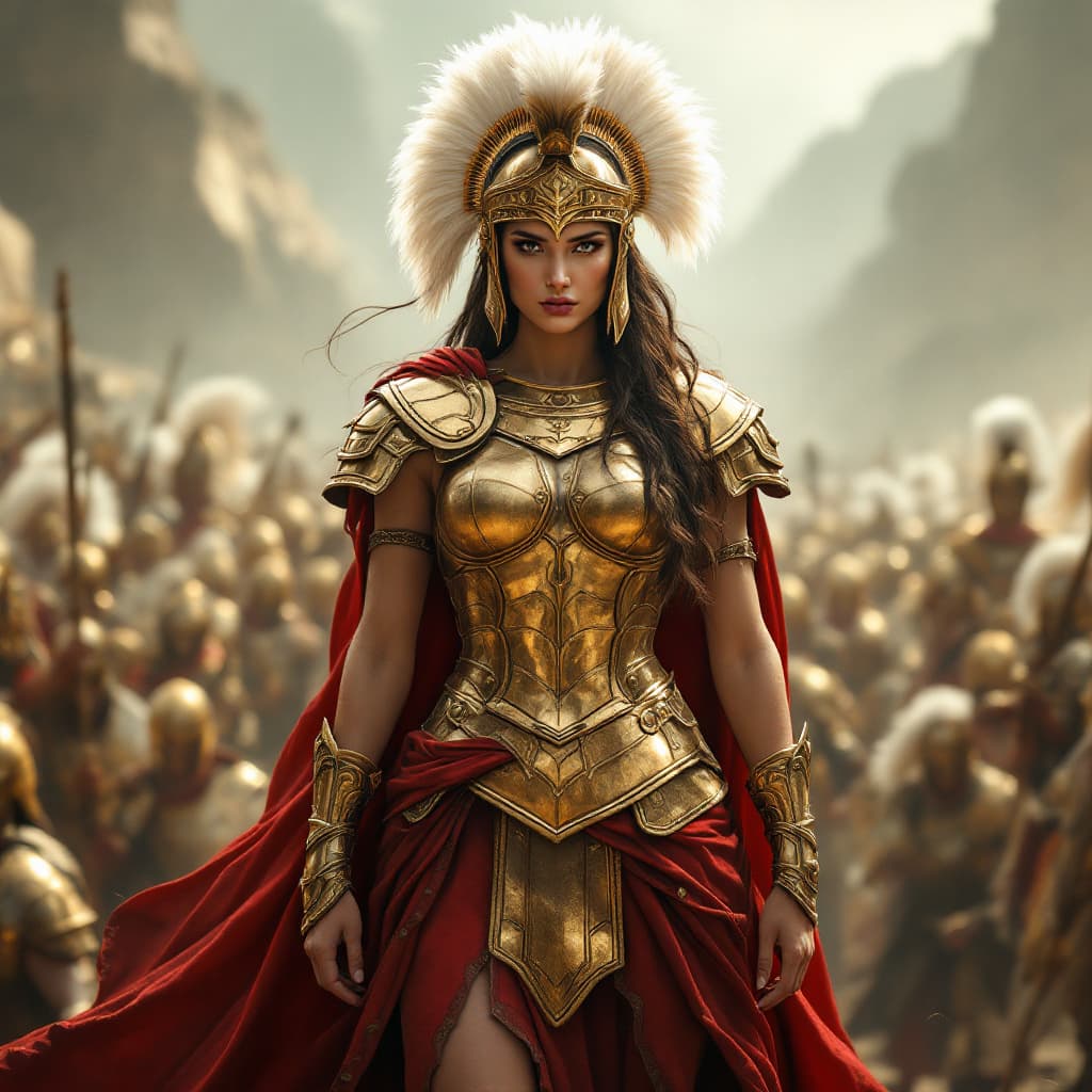 AI generated: Front view, hyper-realistic, full-length shot. Visualize an epic scene depicting a legendary female ...