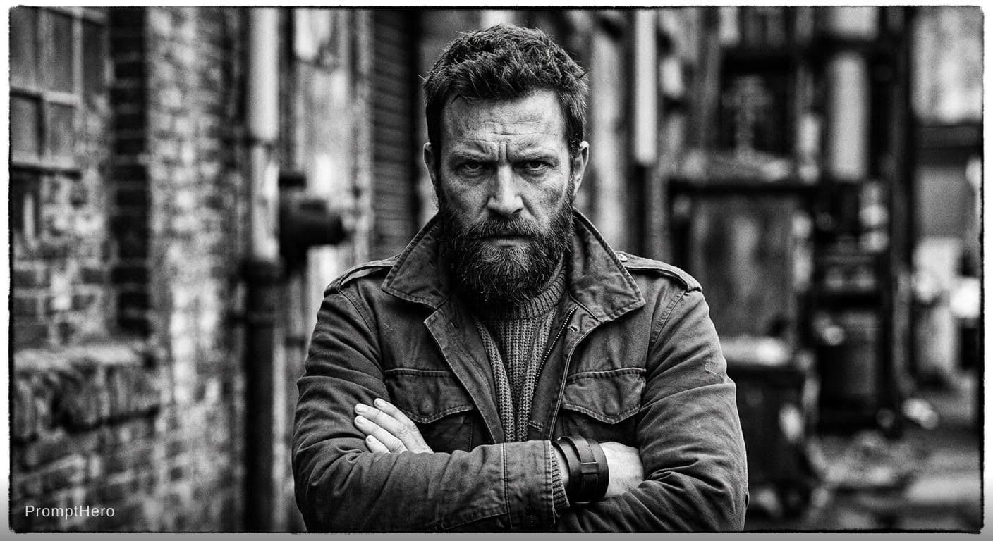 AI generated: Aggressive look with black and white filter and rugged personality 