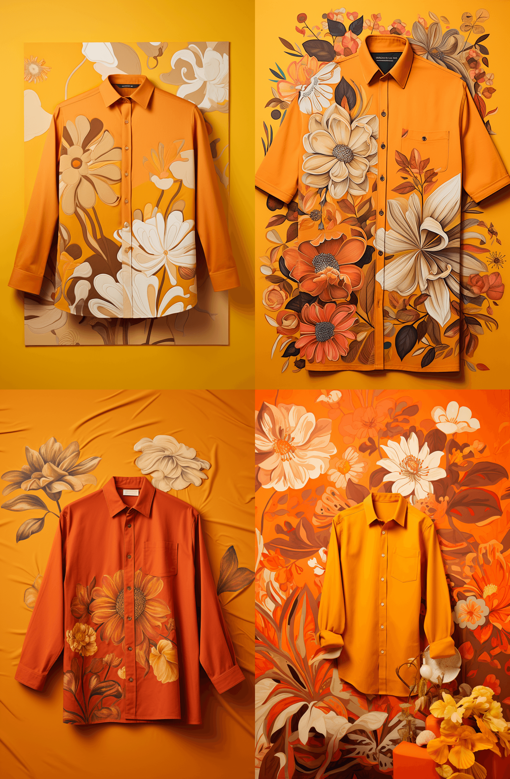 AI generated: a colored orange shirt with some floral illustrations, in the style of 20th century scandinavian sty...