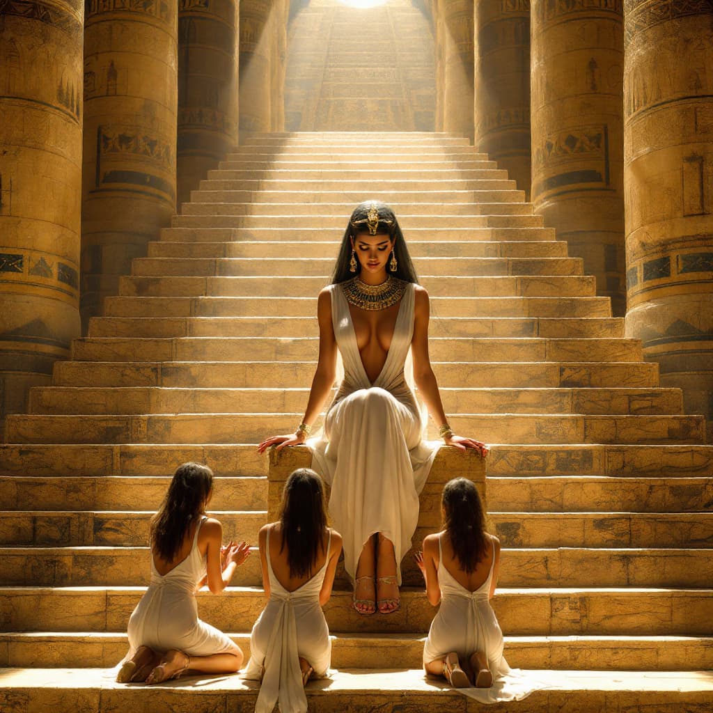AI generated: Hyper realistic image of an egyptian queen sitting on a throne at the top of 10 stairs inside a pyra...