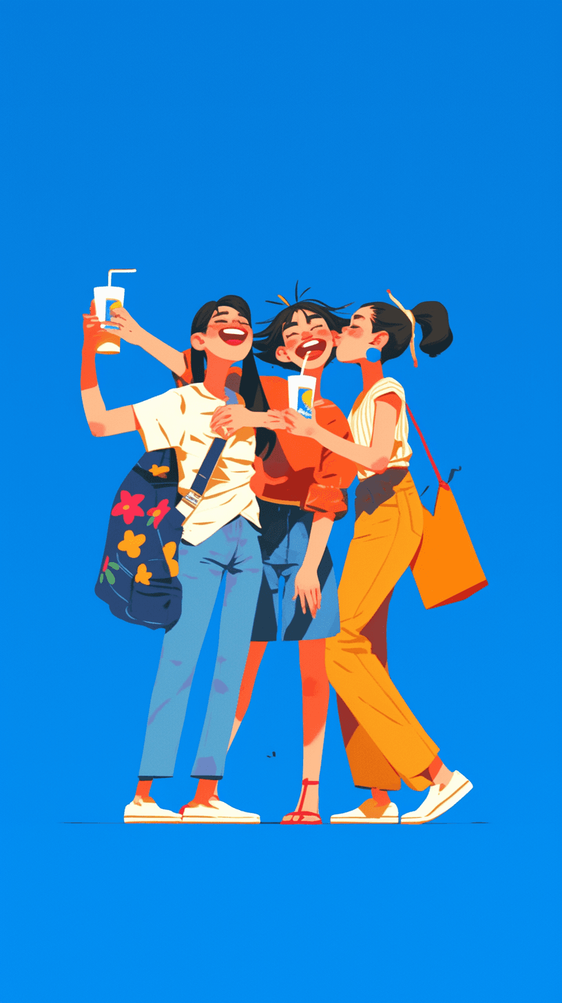 AI generated: A flat illustration of 2 asian women and 1 asian man happily drinking PET bottle drink togher,The ch...