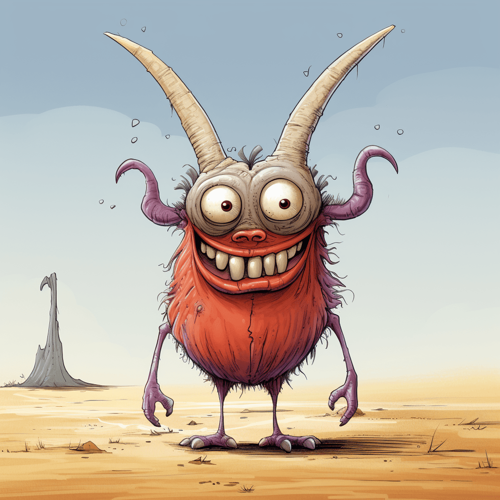 AI generated:  cartoon of a colorful creature, big eyes and big teeth, big horns, light bronze and red schema, che...