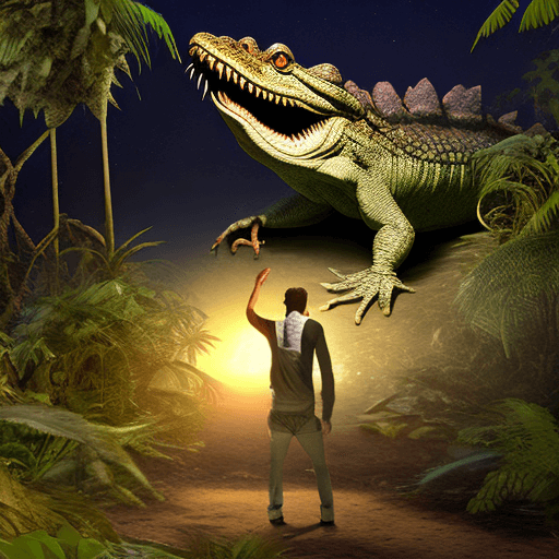 AI generated: Hyper realistic eye level exterior photo of crocodile monster, stand on two leg, in the jungle, at n...