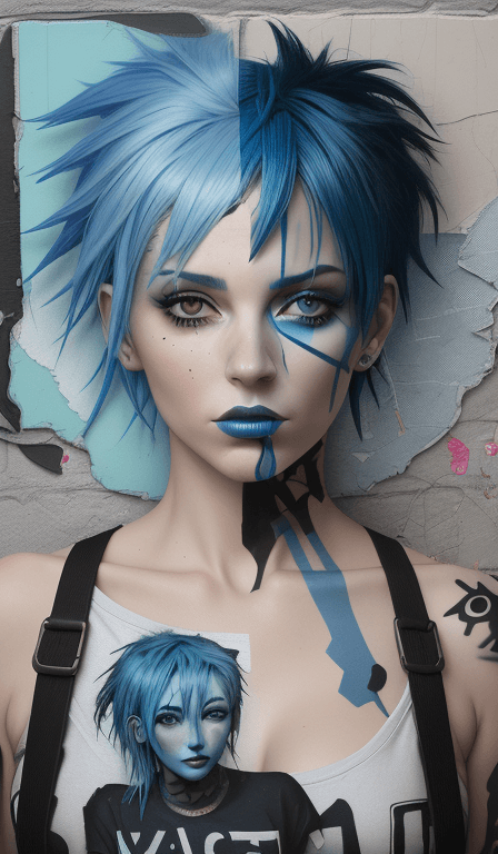 AI generated: woman with blue hair, in the style of multi-layered collages, edgy street art, celebrity-portraits, ...