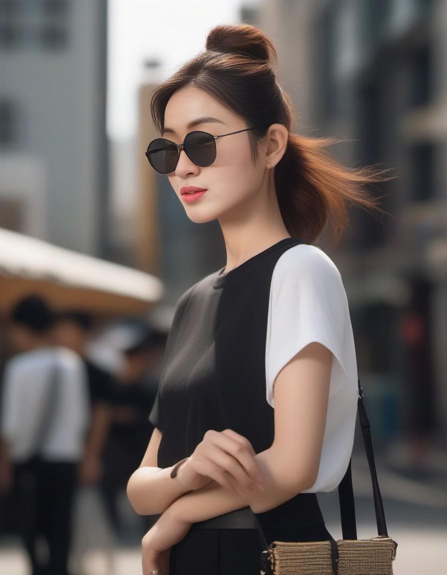 AI generated: photography, side view, upper-body, portray an innocent professional korean woman model standing aga...