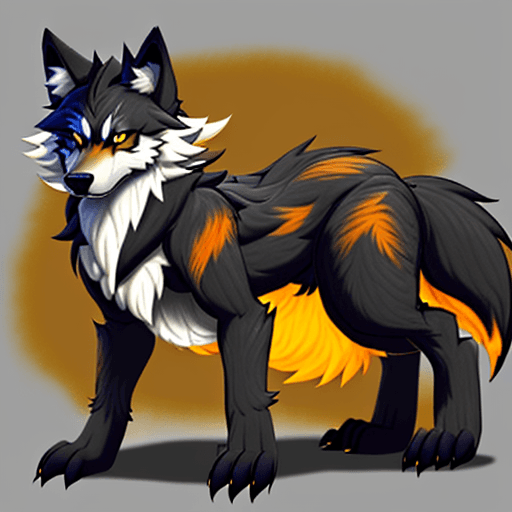 AI generated: Make a fursona wolf with mostly black fur, it's underbelly white, and highlights of yellow orange co...
