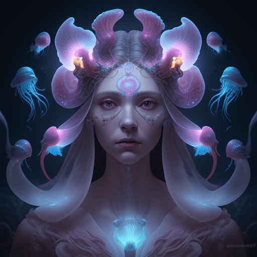 AI generated: Goddess close-up portrait ribcagel. jellyfish phoenix head, nautilus, orchid, skull, betta fish, bio...