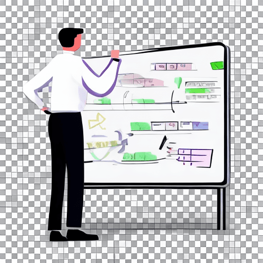 AI generated: png white background, person presenting a plan on a whiteboard, in the style of animated illustratio...