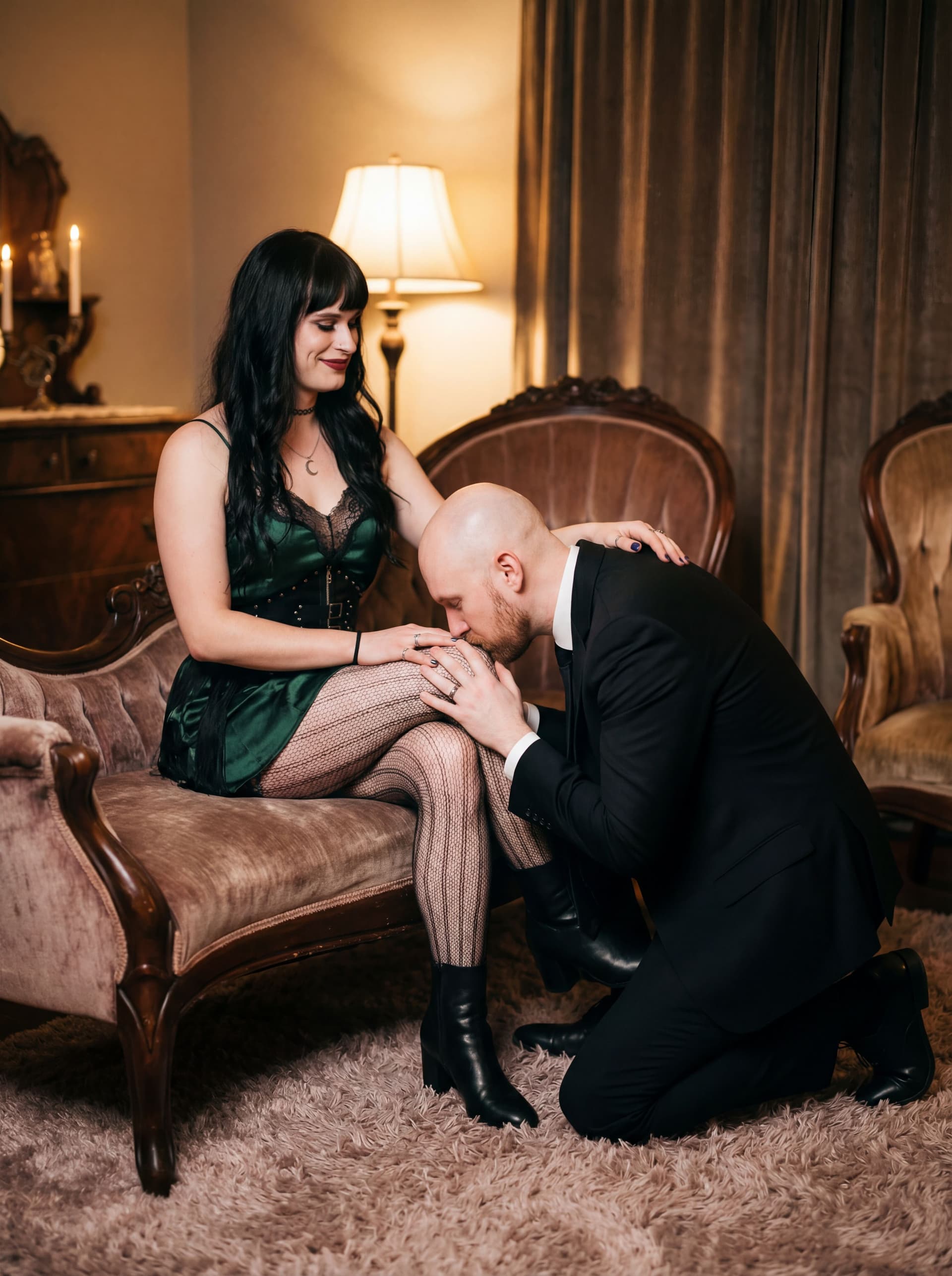 AI generated: A romantic, artistic scene of a couple — man gently kissing wife’s foot — in soft lighting, respectf...