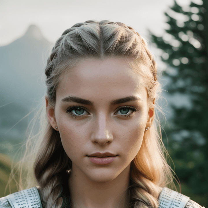AI generated: 35mm film, grain, 1950's camera, a war princess, 25 year old beautiful woman with blonde hair and cu...