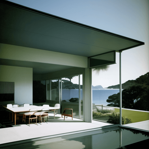 AI generated: Hyper realistic eye level exterior photo of a mid century modern style house overlooking the ocean, ...