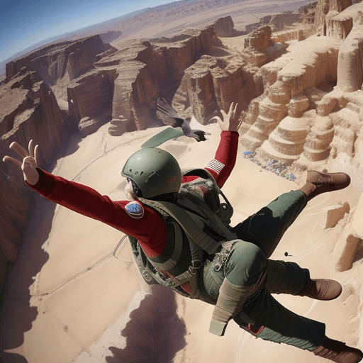 AI generated: A PARACHUTE JUMPER PLAYING WITH AN AMERICAN EAGLES OVER THE CITY OF PETRA EN CONTRE PLONGEE SCENE