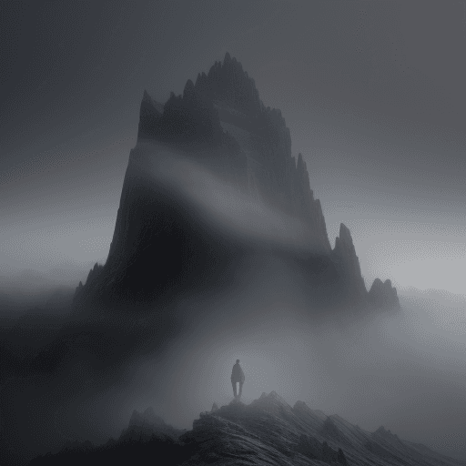 AI generated: Detailed 3D render illustration Realistic style of a man standing in front of a giant, on a mountain...