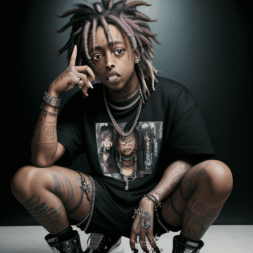 AI generated: juice wrld, dreadlocks, lil uzi vert, 2017, street punk in emo style clothes holding up the middle f...