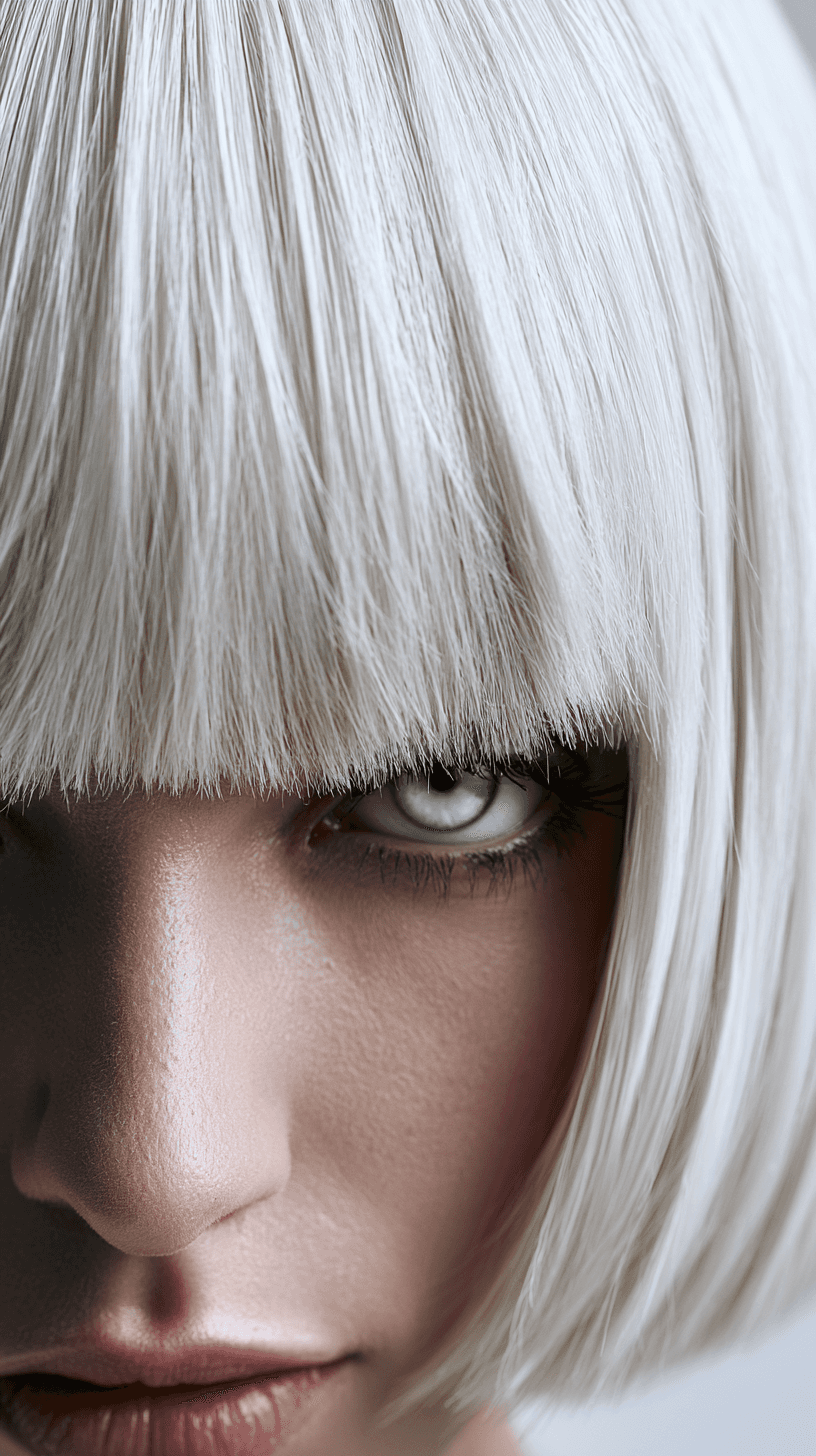 AI generated: photography, close-up, woman with sleek bob cut hair, solid matte white hair color, white color eyes...